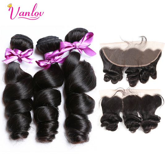 Vanlov Brazilian Loose Wave Bundle With Frontal Closure 3 Bundles Remy Human Hair Weave Ear to Ear Lace Frontal With Bundles