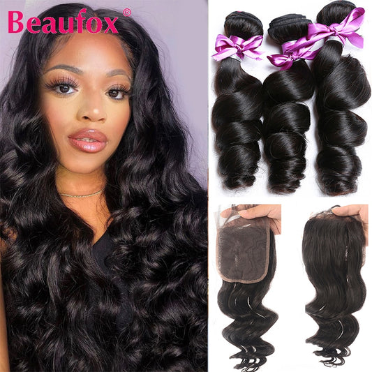 Beaufox Loose Wave 3/4 Bundles With Closure Peruvian Human Hair Bundles With 4X4 Lace Closure Remy Wavy Human Hair Extensions