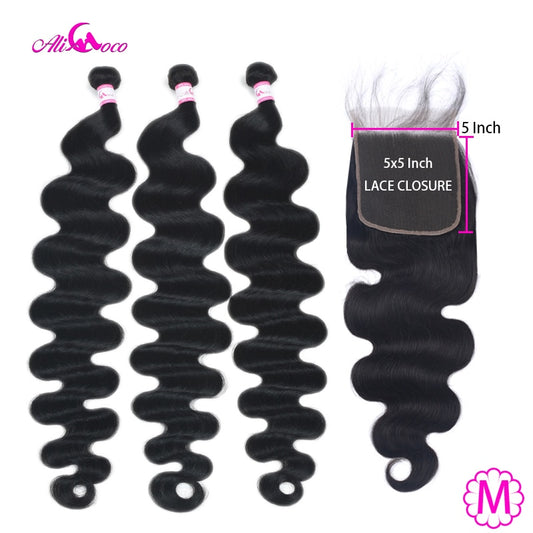 Ali Coco 3 Bundles With 5X5 Lace Closure Brazilian Body Wave With Lace Closure 8-40 Inch Human Hair Bundles Remy Hair Extensions