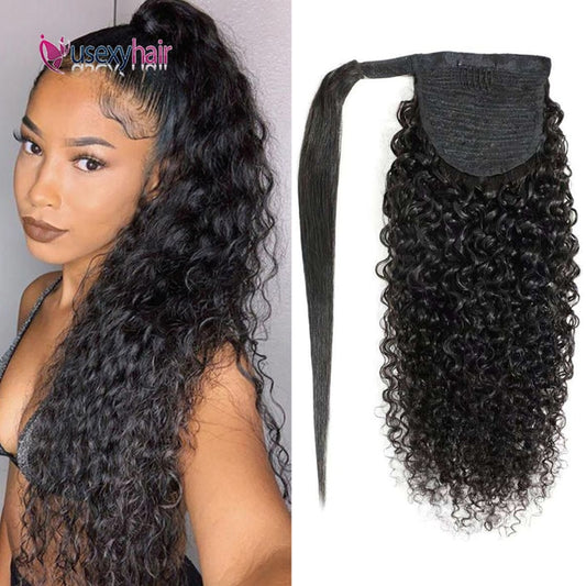 USEXY Curly Brazilian Human Hair Wrap Around Ponytail Clip In Ponytail Human Hair Extensions Remy Curly Hair For Black Women