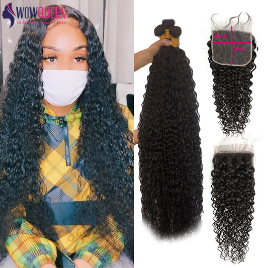 30 32 34 36 Water Wave Bundles With Closure WowQueen 5x5 Closure And Bundles Brazilian Hair Remy Human Hair Bundles With Closure