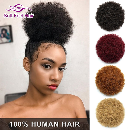 Afro Puff Ponytail Human Hair Bun Kinky Curly Drawstring Ponytail Ombre Brazilian Clip In Hair Extensions Soft Feel Hair Chignon