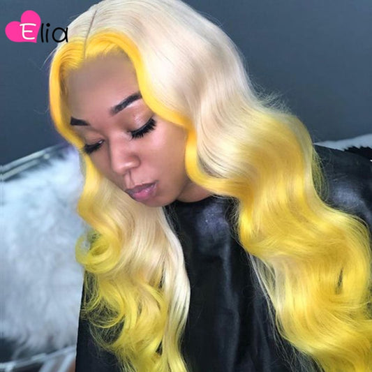 Elia Ombre Yellow Green Colored Lace Frontal Wig HD Virgin Indian Human Hair New 13x5 Middle Part Body Wave Wig Wholesale