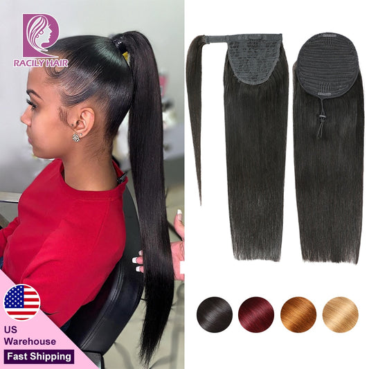 Racily Hair Straight Drawstring Ponytail Human Hair Brazilian Clip In Hair Extensions Remy Ombre Wrap Around Ponytail 4 Colors