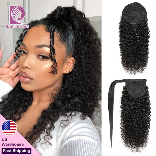 Racily Hair Afro Kinky Curly Ponytail Human Hair Remy Brazilian Wrap Around Drawstring Ombre Ponytail Clip In Hair Extensions