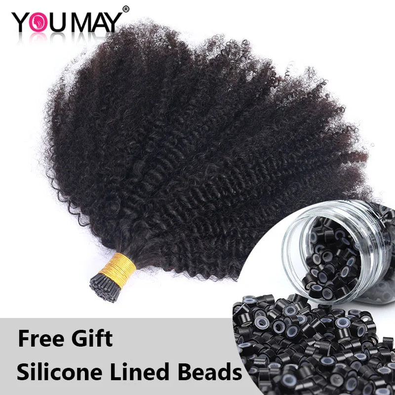 Mongolian Afro Kinky Curly I Tip Hair Extensions For Black Women Human Hair Bundles Weave Clip ins Bulk YouMay Virgin Microlinks