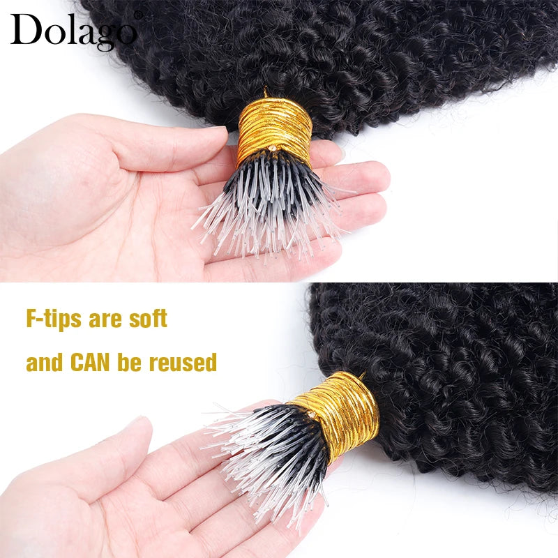 Afro Kinky Curly Hair Bundles 4B 4C I Tips Microlinks F Tips Human Hair Extensions Black For Women Brazilian Bulk Virgin Hair