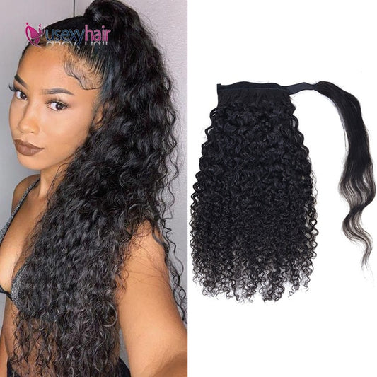 USEXY Curly Brazilian Human Hair Wrap Around Ponytail Clip In Ponytail Human Hair Extensions Remy Curly Hair For Black Women