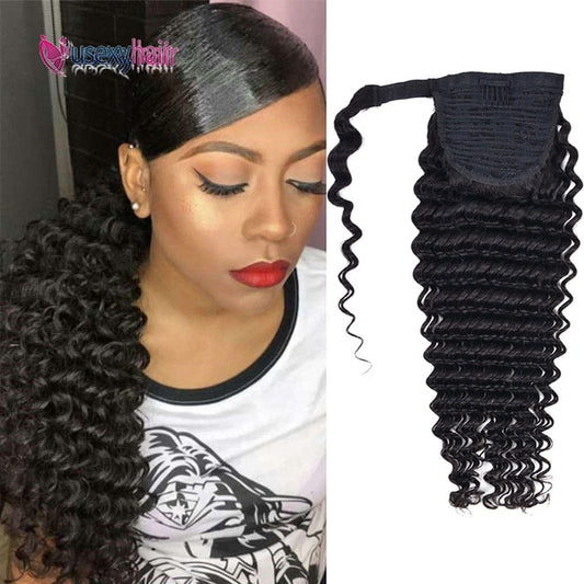 Curly Human Hair Ponytail Brazilian Remy Ombre Deep Wave Drawstring Pony Tail Hairpieces Afro Wrap Around Clip In Hair Extension