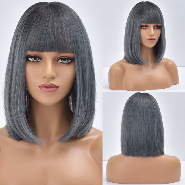 Bob Blonde Short Ombre Straight Brazilian Synthetic Wigs With Bangs For Black White Women Heat Resistant Cosplay Hair Daily Wig