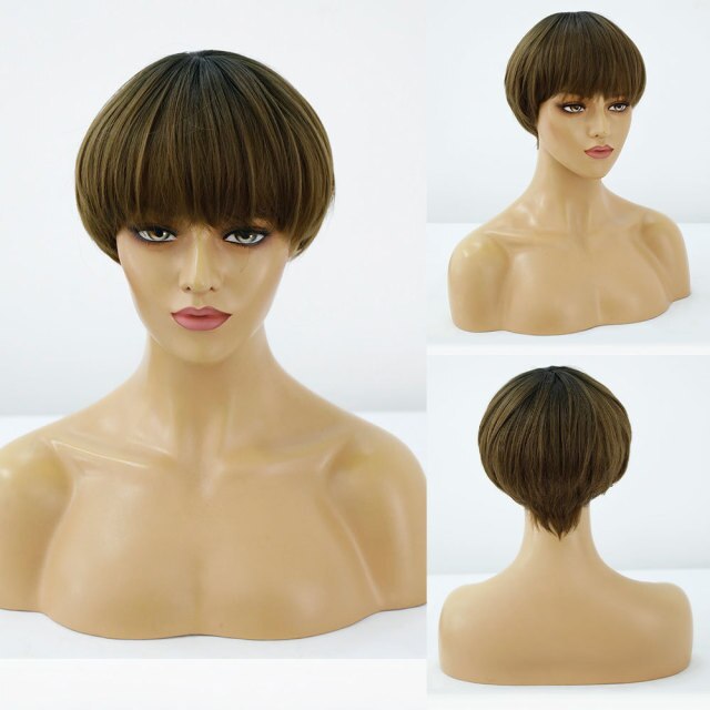 Bob Blonde Short Ombre Straight Brazilian Synthetic Wigs With Bangs For Black White Women Heat Resistant Cosplay Hair Daily Wig