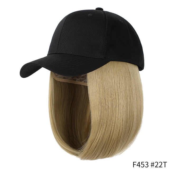 SHANGZI Short Wavy baseball wig Synthetic Natural bob Wig Black hat wigs cap with Hair Naturally Connect Baseball Cap Adjustable