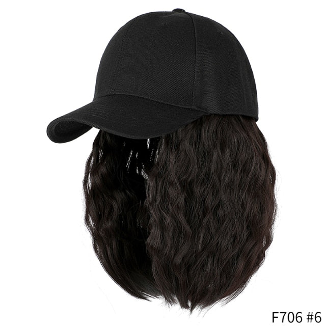 SHANGZI Short Wavy baseball wig Synthetic Natural bob Wig Black hat wigs cap with Hair Naturally Connect Baseball Cap Adjustable