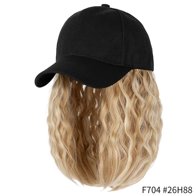 SHANGZI Short Wavy baseball wig Synthetic Natural bob Wig Black hat wigs cap with Hair Naturally Connect Baseball Cap Adjustable