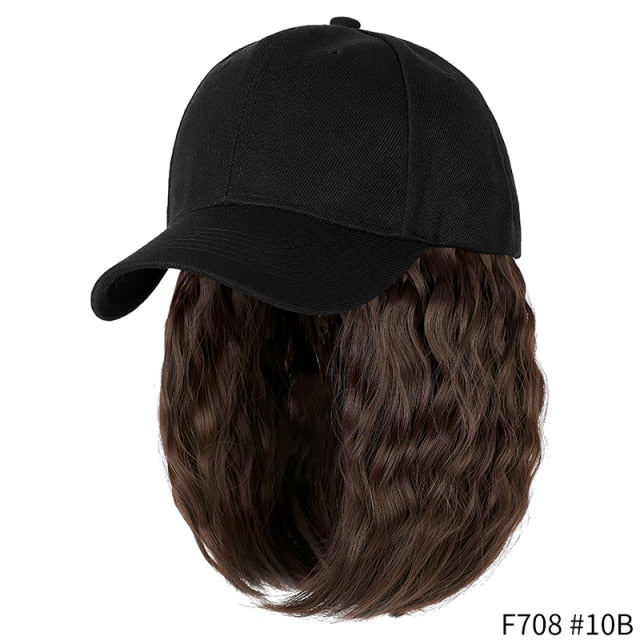 SHANGZI Short Wavy baseball wig Synthetic Natural bob Wig Black hat wigs cap with Hair Naturally Connect Baseball Cap Adjustable