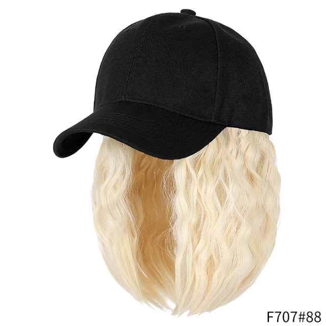 SHANGZI Short Wavy baseball wig Synthetic Natural bob Wig Black hat wigs cap with Hair Naturally Connect Baseball Cap Adjustable