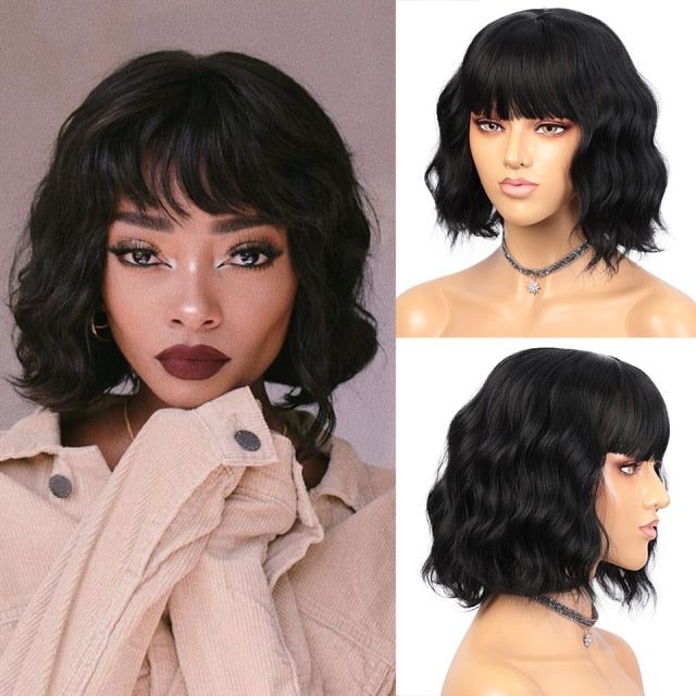 AISI HAIR Short Wavy Wig with Bangs Synthetic Wigs for Women Natural Brown Mixed Black Hair Bob Wig Daily Heat Resistant Fiber