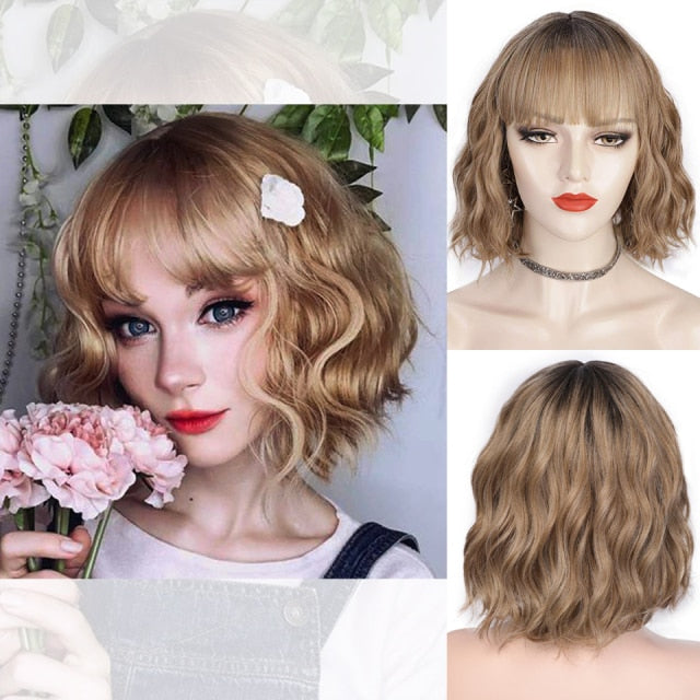 AISI HAIR Short Wavy Wig with Bangs Synthetic Wigs for Women Natural Brown Mixed Black Hair Bob Wig Daily Heat Resistant Fiber