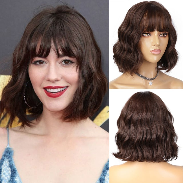 AISI HAIR Short Wavy Wig with Bangs Synthetic Wigs for Women Natural Brown Mixed Black Hair Bob Wig Daily Heat Resistant Fiber
