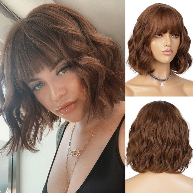 AISI HAIR Short Wavy Wig with Bangs Synthetic Wigs for Women Natural Brown Mixed Black Hair Bob Wig Daily Heat Resistant Fiber