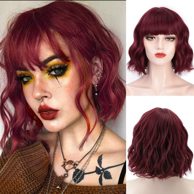 AISI HAIR Short Wavy Wig with Bangs Synthetic Wigs for Women Natural Brown Mixed Black Hair Bob Wig Daily Heat Resistant Fiber