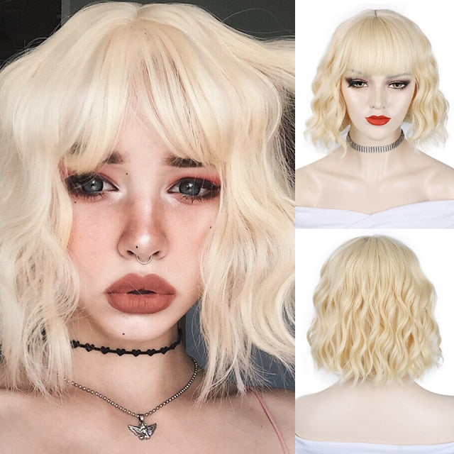 AISI HAIR Short Wavy Wig with Bangs Synthetic Wigs for Women Natural Brown Mixed Black Hair Bob Wig Daily Heat Resistant Fiber