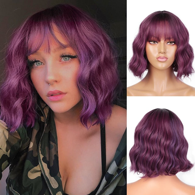 AISI HAIR Short Wavy Wig with Bangs Synthetic Wigs for Women Natural Brown Mixed Black Hair Bob Wig Daily Heat Resistant Fiber