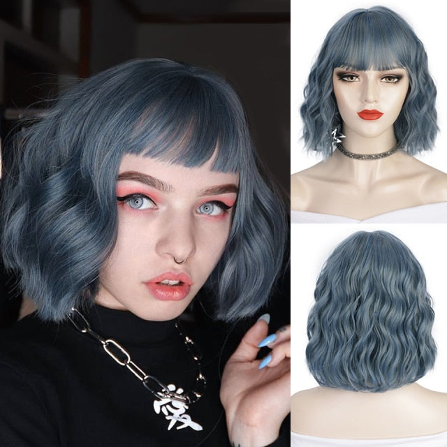 AISI HAIR Short Wavy Wig with Bangs Synthetic Wigs for Women Natural Brown Mixed Black Hair Bob Wig Daily Heat Resistant Fiber