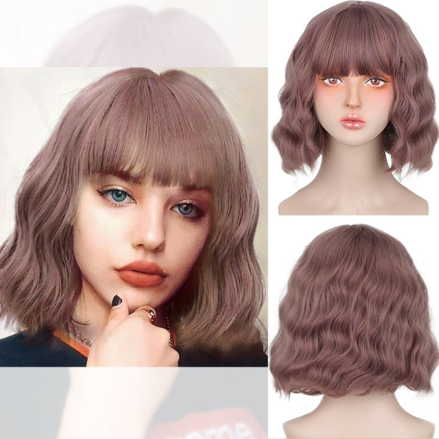 AISI HAIR Short Wavy Wig with Bangs Synthetic Wigs for Women Natural Brown Mixed Black Hair Bob Wig Daily Heat Resistant Fiber