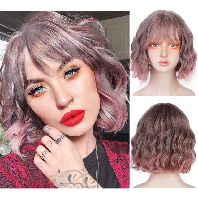 AISI HAIR Short Wavy Wig with Bangs Synthetic Wigs for Women Natural Brown Mixed Black Hair Bob Wig Daily Heat Resistant Fiber