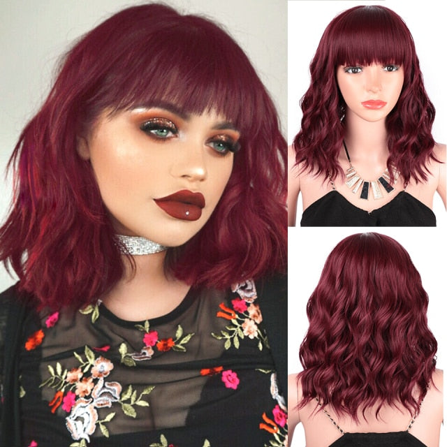 AISI HAIR Short Wavy Wig with Bangs Synthetic Wigs for Women Natural Brown Mixed Black Hair Bob Wig Daily Heat Resistant Fiber
