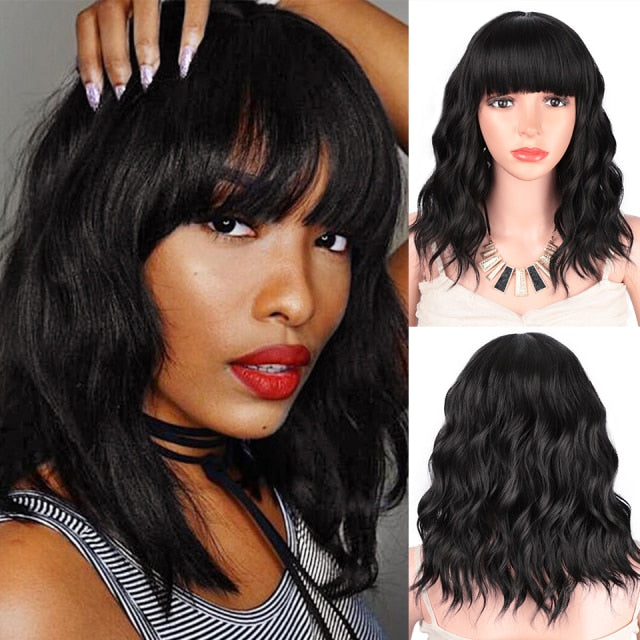 AISI HAIR Short Wavy Wig with Bangs Synthetic Wigs for Women Natural Brown Mixed Black Hair Bob Wig Daily Heat Resistant Fiber