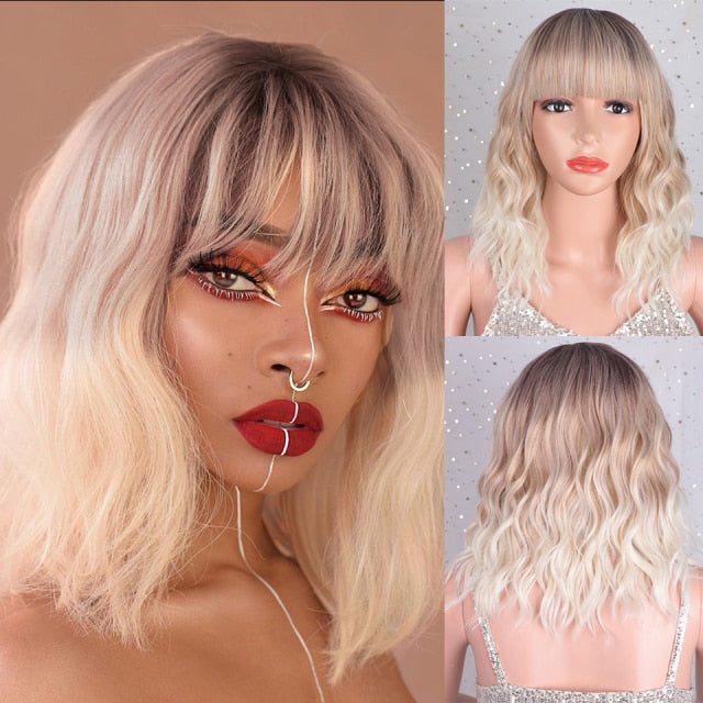 AISI HAIR Short Wavy Wig with Bangs Synthetic Wigs for Women Natural Brown Mixed Black Hair Bob Wig Daily Heat Resistant Fiber
