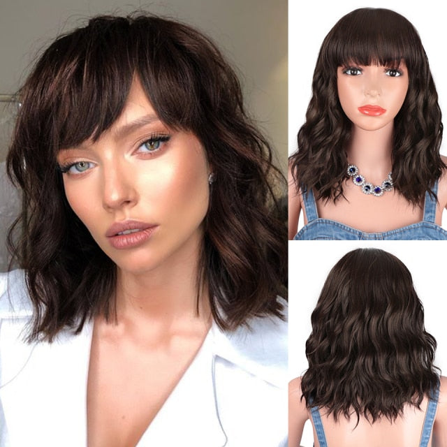 AISI HAIR Short Wavy Wig with Bangs Synthetic Wigs for Women Natural Brown Mixed Black Hair Bob Wig Daily Heat Resistant Fiber