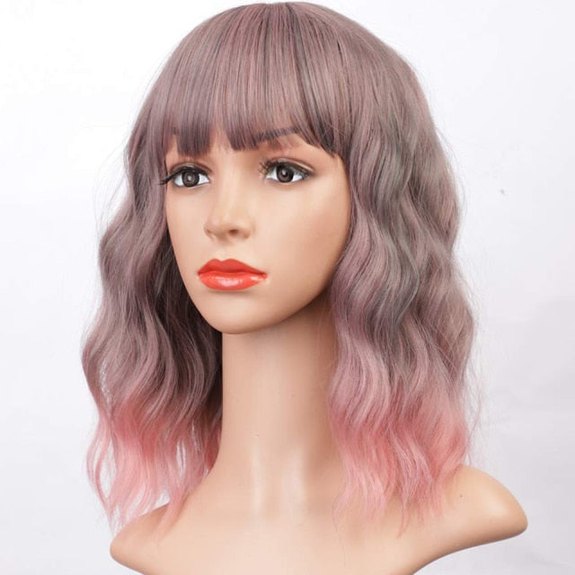 AISI HAIR Short Wavy Wig with Bangs Synthetic Wigs for Women Natural Brown Mixed Black Hair Bob Wig Daily Heat Resistant Fiber