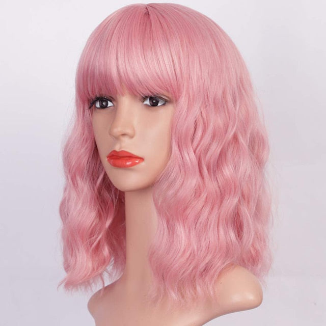 AISI HAIR Short Wavy Wig with Bangs Synthetic Wigs for Women Natural Brown Mixed Black Hair Bob Wig Daily Heat Resistant Fiber