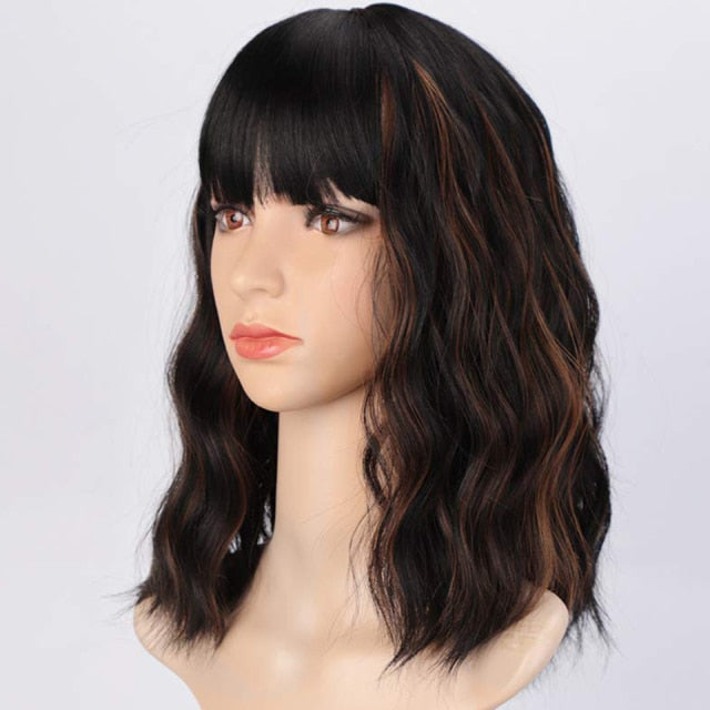 AISI HAIR Short Wavy Wig with Bangs Synthetic Wigs for Women Natural Brown Mixed Black Hair Bob Wig Daily Heat Resistant Fiber