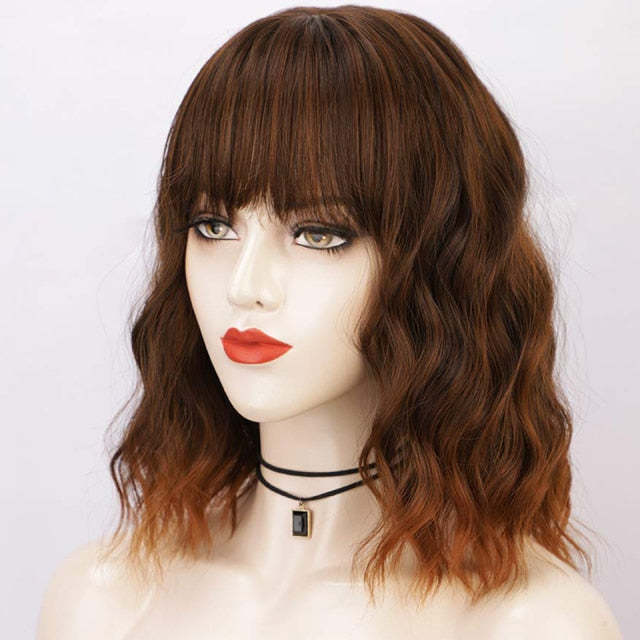 AISI HAIR Short Wavy Wig with Bangs Synthetic Wigs for Women Natural Brown Mixed Black Hair Bob Wig Daily Heat Resistant Fiber